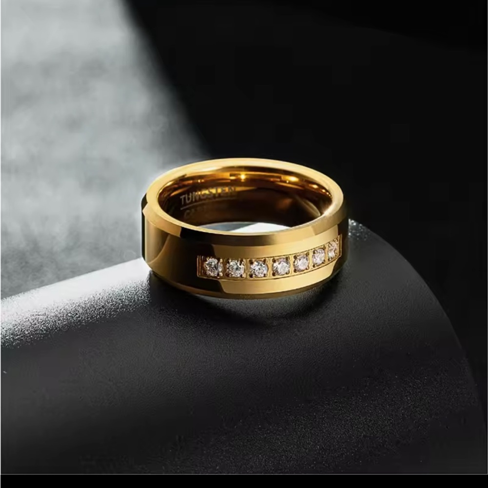 NEW 8mm Gold Tungsten Ring with CZ Stones – Unisex Statement Band (Size 12) - Picture 2 of 5